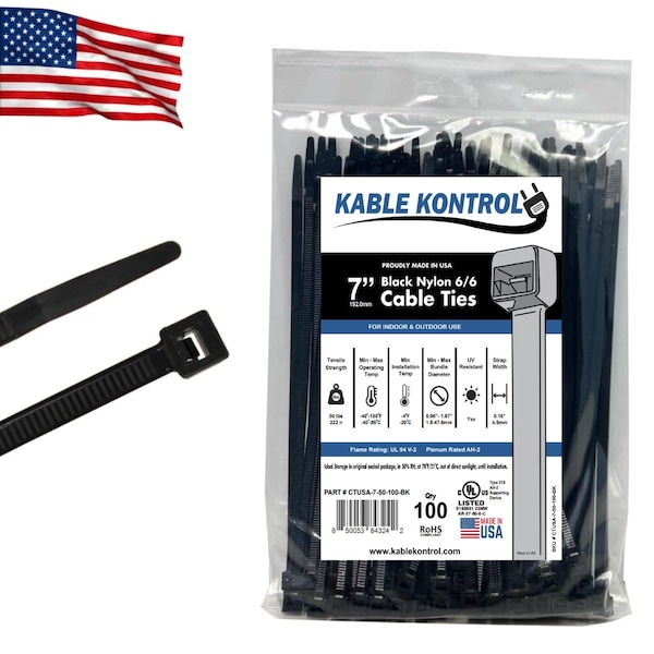Kable Kontrol Cable Tie, 7 in L, 1.87 in Max Bundle Dia., Black, Nylon 6/6, 50 lb Strength, 100 PK CTUSA-07-50-100-BK - main